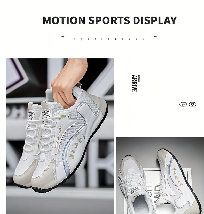 Tenis elegantes para hombre en blanco y dorado - Zapatos transpirables y cómodos para caminar con absorción de impactos, suela de PVC duradera y cierre de agujetas, ideales para uso casual, correr y actividades al aire libre, calzado casual | Tenis con agujetas elegantes | Zapatos cómodos para caminar