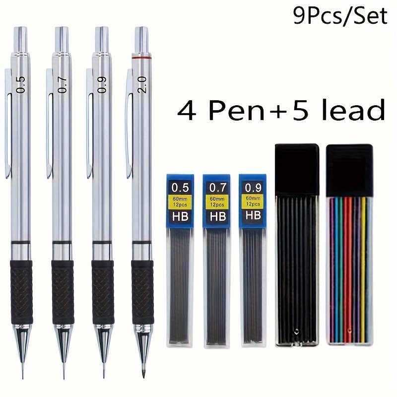 

9pcs Metal Mechanical Pencil Set With Ergonomic Grip - Includes 4 Pencils (0.5, 0.7, 0.9, 2.0mm) & 5 Hb Leads In Assorted Colors - Lightweight, For Art, Drawing & Office Use