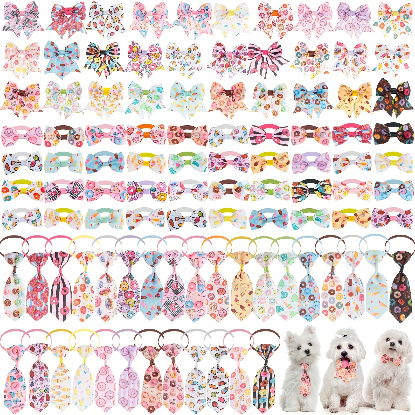 TEMU 100pcs Dog Bow Tie Collar Set 40 Dog Neckties, And 30 Puppy Bowties, 30 Collar Flowers, Adjustable Pet Ties Grooming For Small Medium Cats Pets Supply (donut)