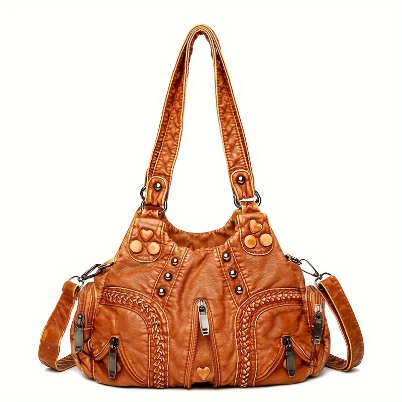 

Studded Decor Shoulder Bag, Vintage Handbags For Women, Soft Pu Leather Satchel Purses