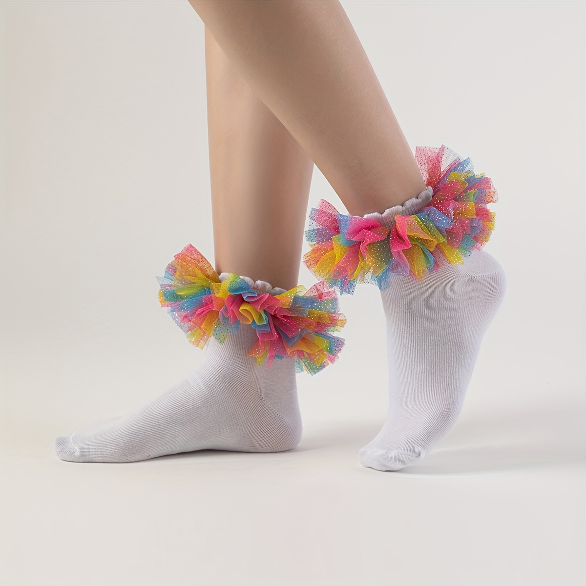 

1 Pair Women's Tulle Ruffle Ankle Socks, Polyester Knit Fabric, Patchwork Pattern, Hand Washable Short Socks