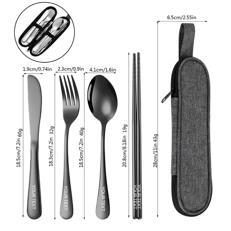 customized 4pcs stainless steel knife fork and spoon set stainless steel knife fork and spoon black tableware set outdoor travel knife and fork portable storage bag outdoor picnic family reusable tableware Product details 0