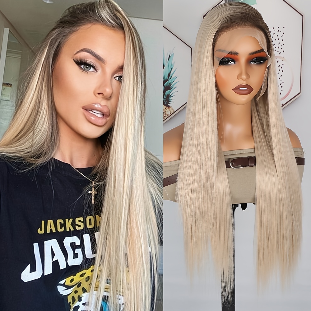 TEMU 13x6 Pre- Glueless Lace Front Wig 28 Inch Long Straight Platinum Blonde Synthetic Hair - Heat Resistant 180% Density Soft Free Part Wig For, Unisex For All , & Parties