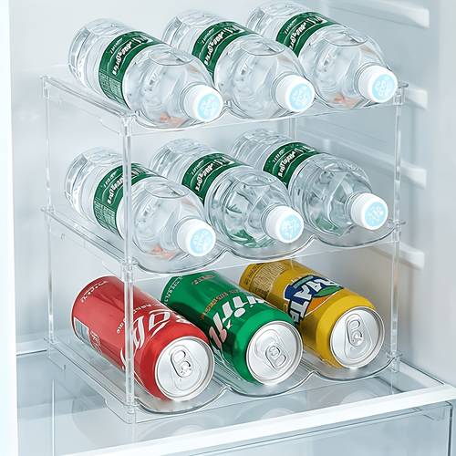 2 tier water bottle organizer stackable clear cup holder foldable removable kitchen storage rack for cabinet pantry fridge tumbler travel mug space saving organizer