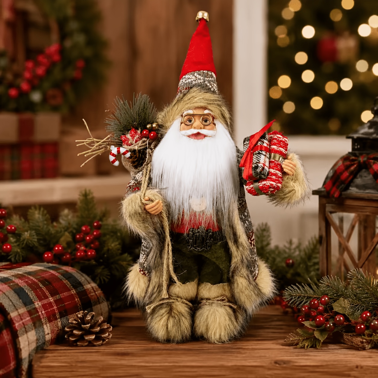 TEMU Standing Santa Claus Figurine, Featuring A Brown Coat And Glasses, Holding A Gift Bag And A Gift Box. Vintage Rustic-style Christmas Desktop