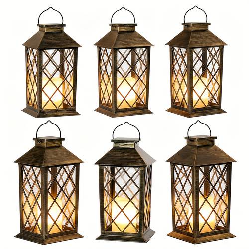 set of 6 decorative solar lanterns each 13 inches tall featuring flickering flameless candles enhancing your patio front porch backyard balcony or cabin table