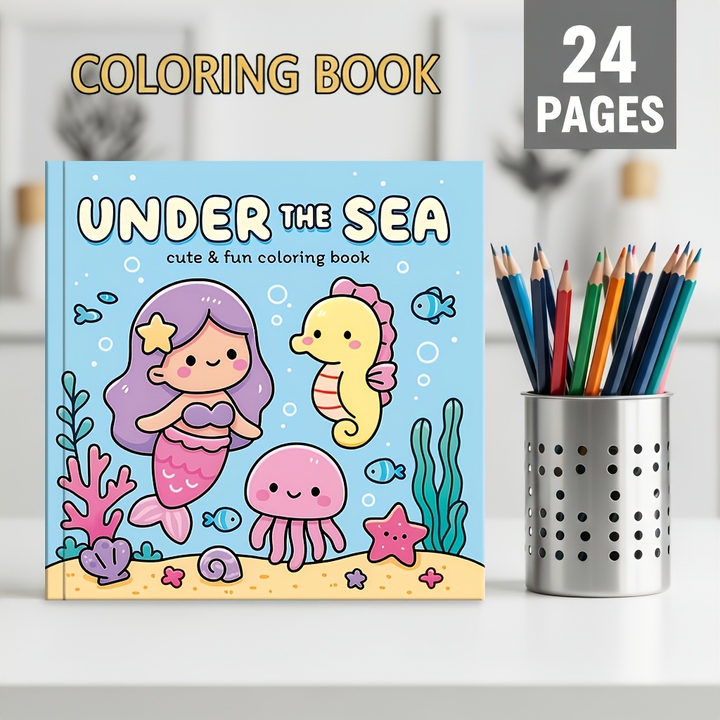 TEMU Livre de coloriage Monde Sous-Marin Taille : 7.87*7.87In Thème Sirène Mignonne et Animaux , de 24 pages, Papier épais 120 Gsm Art Arbre
