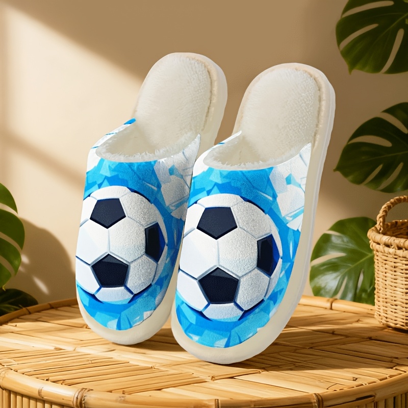 TEMU Chaussures d'hiver pour hommes et femmes, chaussures d'intérieur confortables avec un motif de football élégant et un matériau pelucheux,