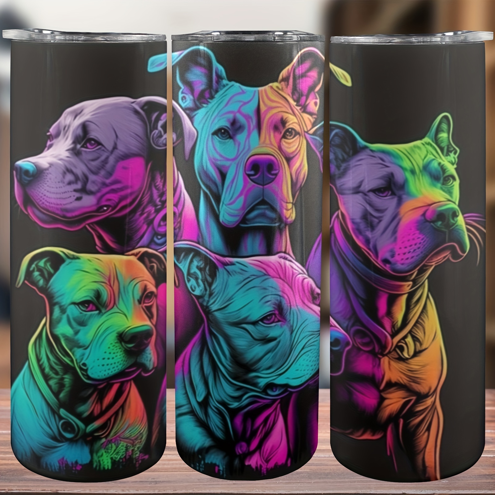 

20oz Neon Rainbow Pitbull Glow-in-the-dark Tumbler With Lid & Straw - Insulated Stainless Steel Water Bottle For All Seasons, Perfect For Outdoor Adventures