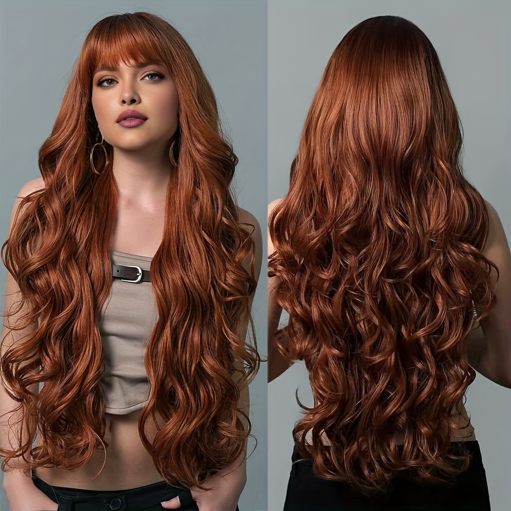 TEMU 26 Inch Long Curly Wigs For Women, Long Copper Wig With Bangs, High Quality Fiber Synthetic Fluffy Curly Wigs, Waves & For Everyday, Parties,