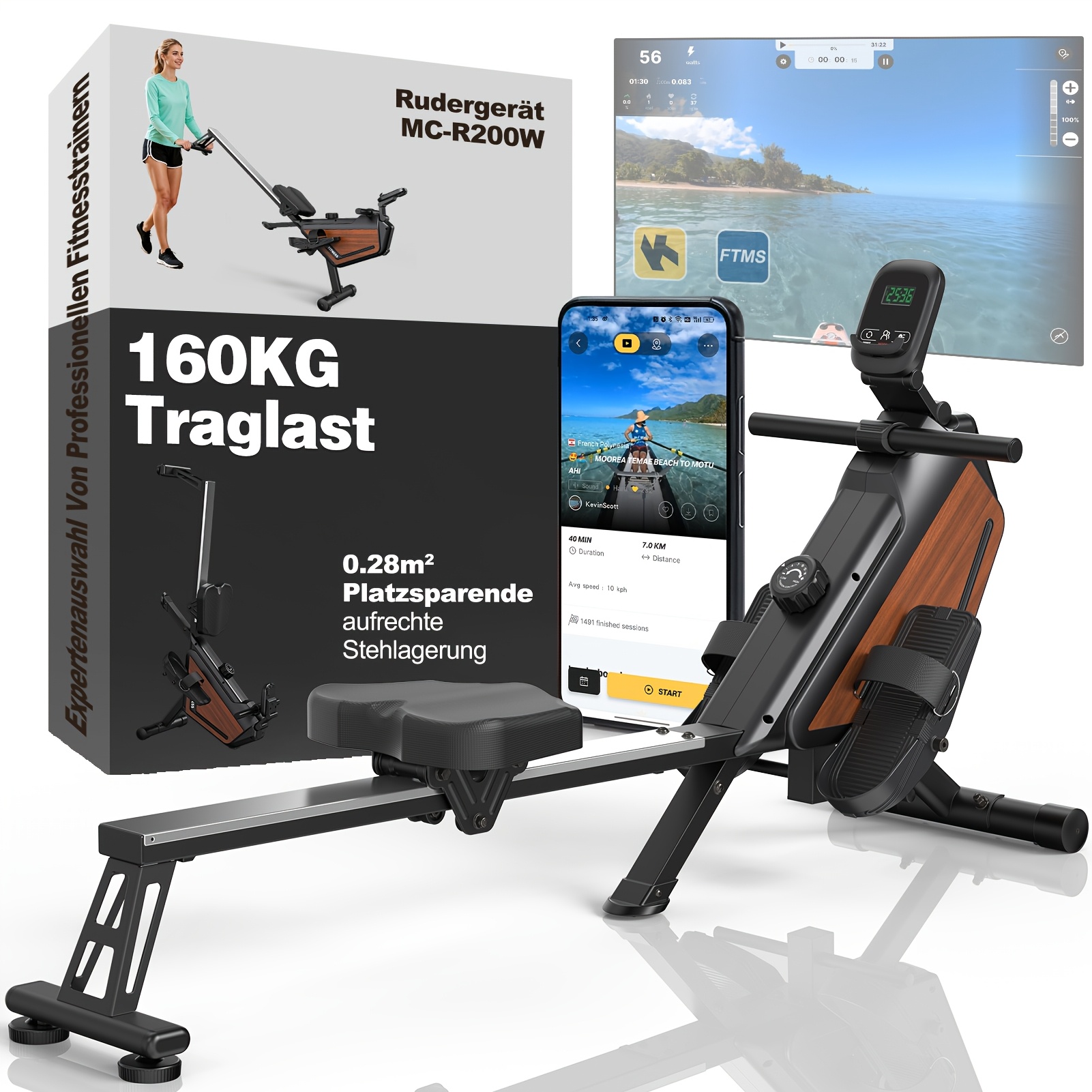Image of Vowvit For Home Rowing Machine, Foldable: 300 Newton 16 Levels Magnetic Resistance Rowing Machine - Wireless Rowing Machine With 160 Kg Weight Capacity, Without Battery