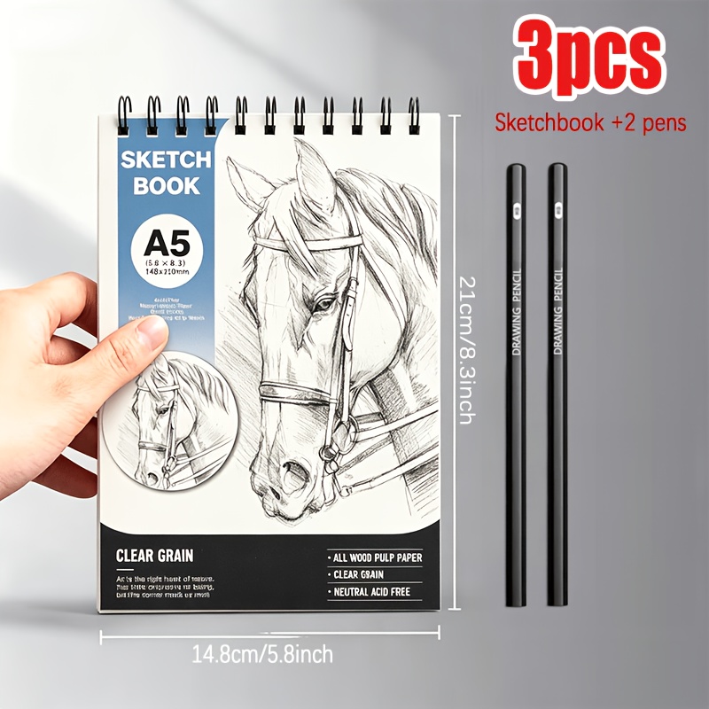 TEMU 3pcs Set, Large A5 Coil Sketchbook And 2pcs Sketch Pens, Watercolor And Water-soluble Pastel Paper, Wire-bound Drawing Pad With Durable Cover,