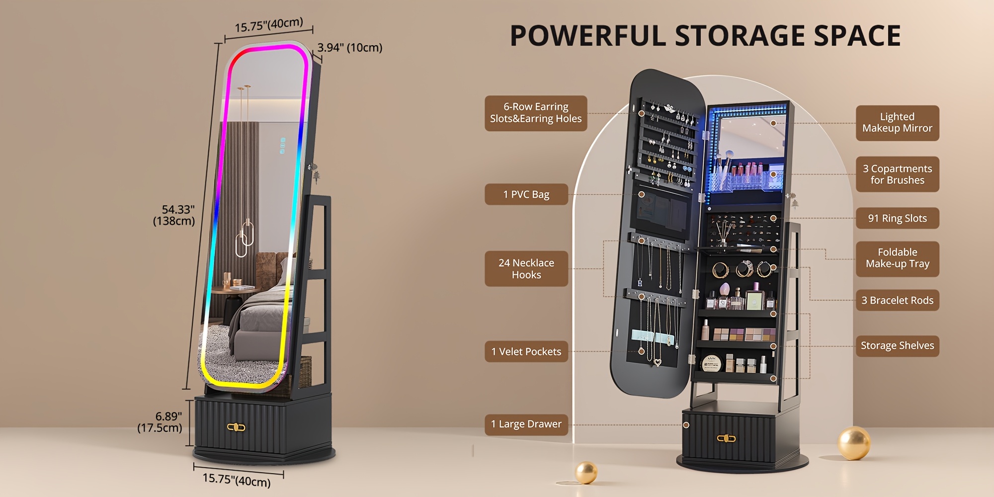 vintage inspired 360 swivel jewelry   cabinet with lights lockable full length organizer with storage drawer for bedroom decor Product details 3