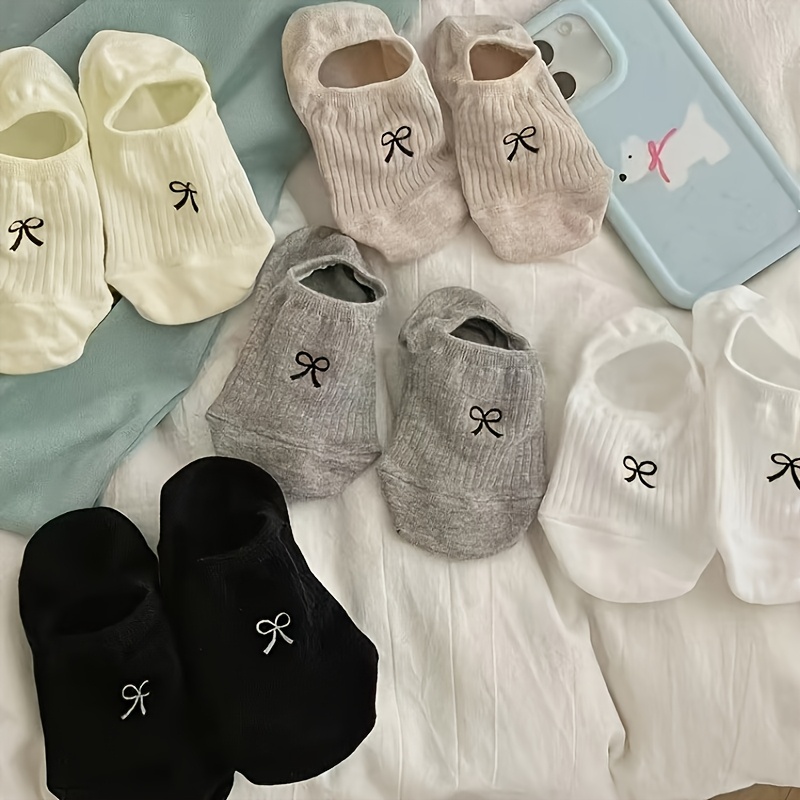 TEMU 5-pair Women's Bowknot Boat Socks, Fashionable, Versatile, Cute, Sweet, And Preppy Style Short Socks, Simple Solid Color Invisible Socks For