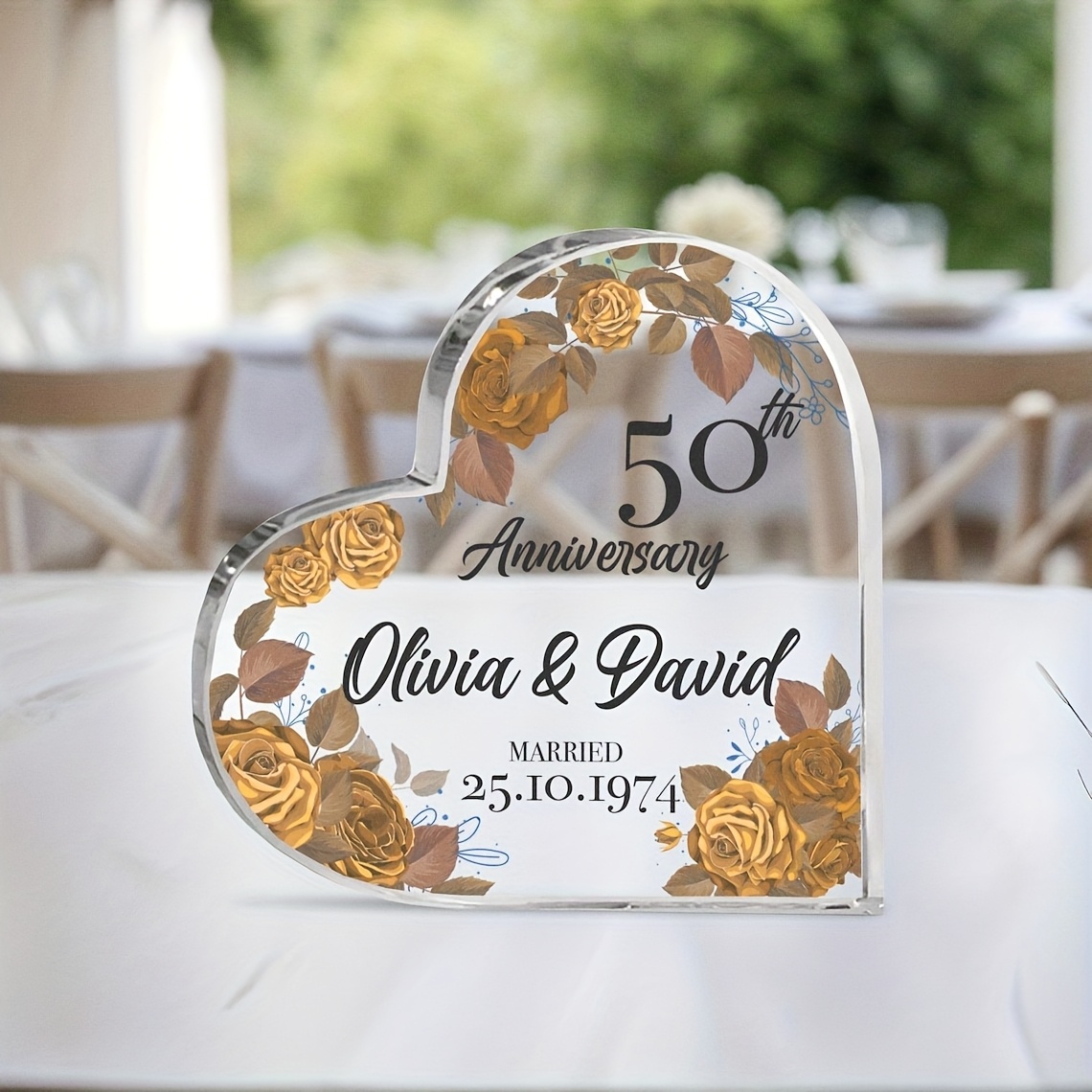 TEMU 2d Flat, Personalized Heart-shaped Acrylic Plaque - Custom 50th Anniversary & Wedding Gift With Names & Date, Vintage , High-quality Acrylic