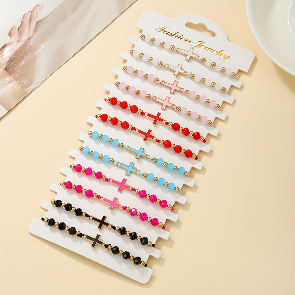 Image of 12pcs Set Of Elegant And Fashionable Acrylic Beaded Bracelets With Colorful Cross Elements, Perfect For Women' Wear, Parties, And As A Gift For