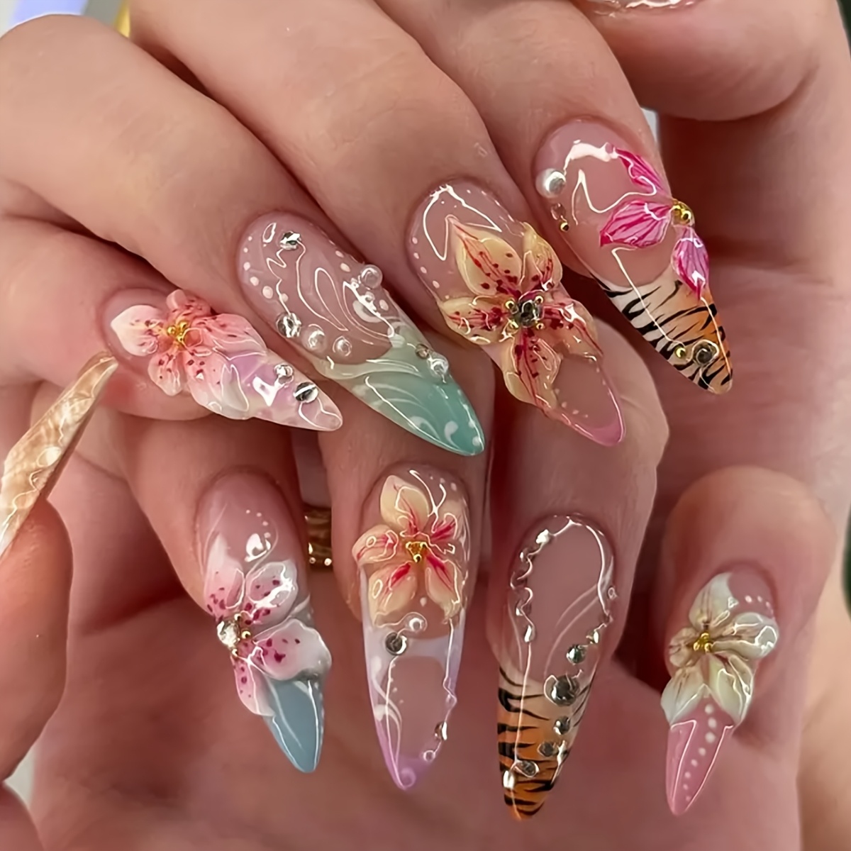 TEMU 24pcs Of Long Teardrop-shaped 3d Nail Art Featuring Resin Flowers With Zebra Patterns, With Pearls And Rhinestones. Reusable Fake Nails Are Easy