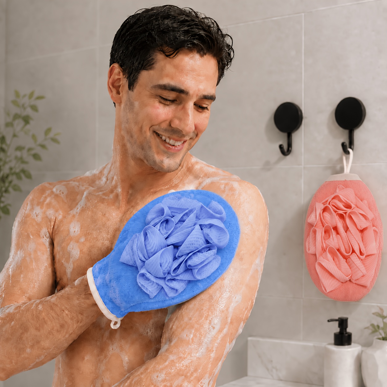 TEMU Ensemble 1 gant de toilette à fleurs + 1 crochet, bleu pour homme, rose pour femme, ensemble de salle de bain pratique exfoliant double face,