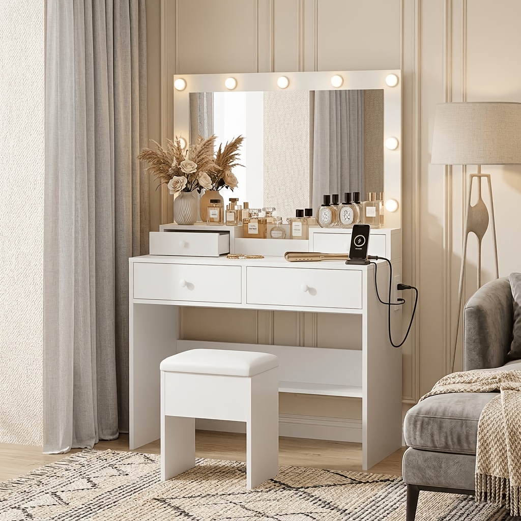 Modern Makeup Vanity Set With Lighted Bulbs, 3 Color Lighting , Vanity Desk With 4 Storage Drawers, Vanity Table With Built-in Outlets, White