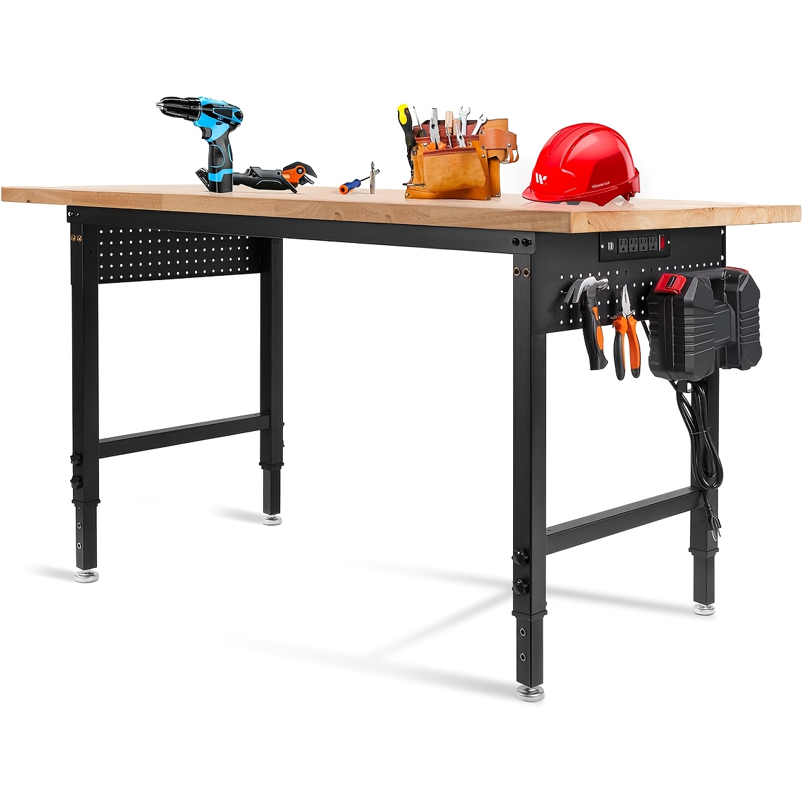 TEMU 48" 60" 96"heavy Duty Adjustable Workbench W/ Power Outlet & Pegboard - 28-40" Height, 2000/5000 Lbs Capacity, Thick Rubber Wood Top - For