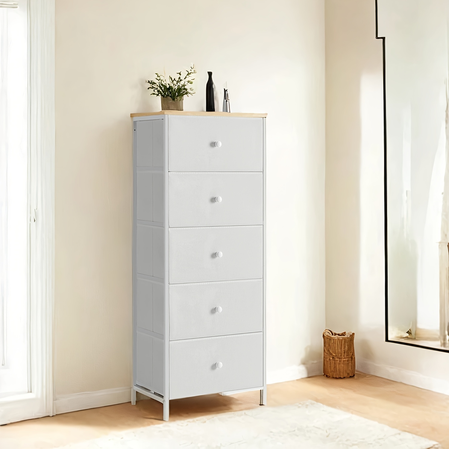 Image of Chest Of Drawers Bedroom, Drawer Storage Unit, Dresser With 5 Fabric Drawers, Metal Frame, Tall And Slim, For Closet