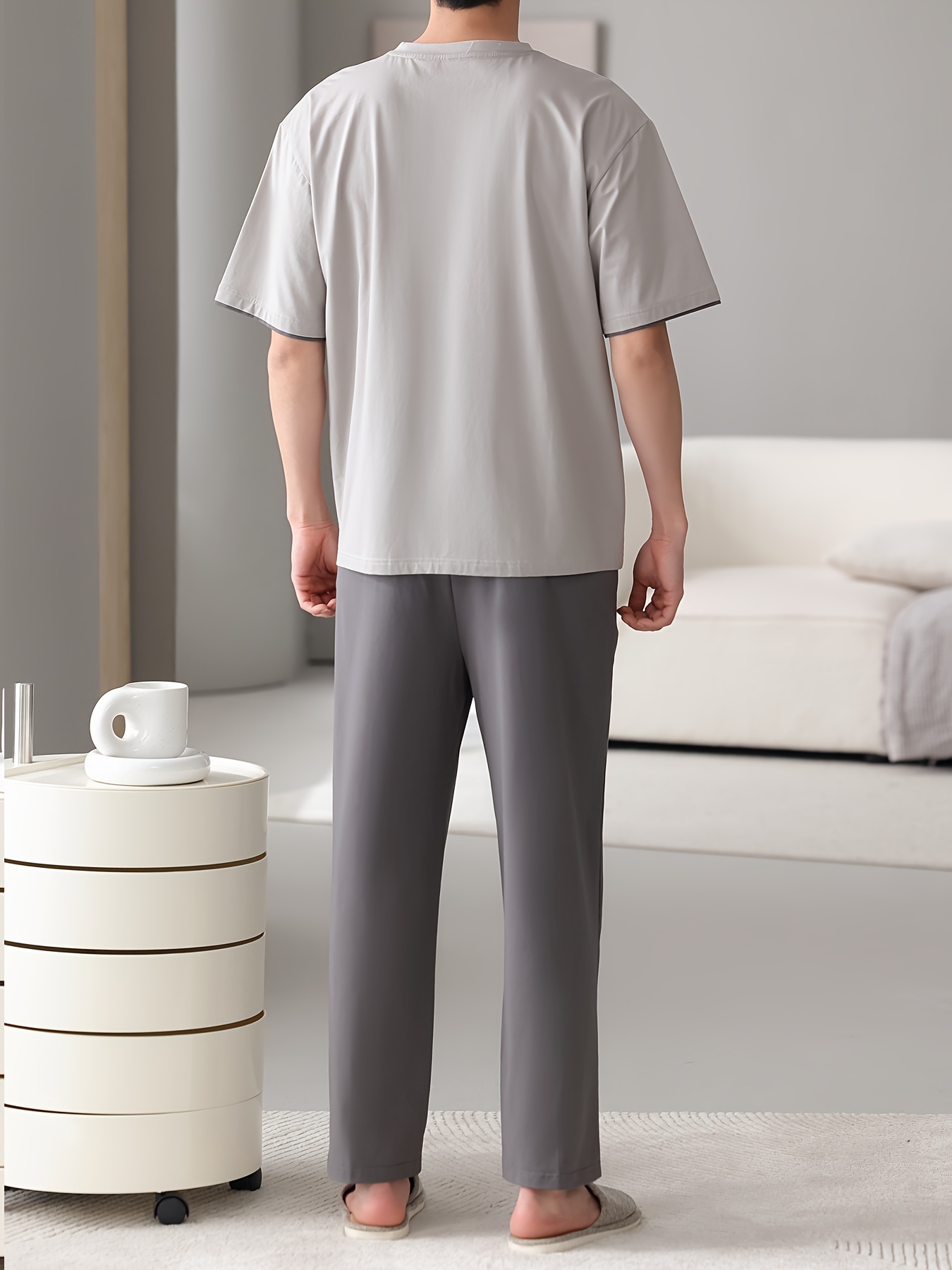 Men'S Casual Summer Cotton Pajama Set - Light Gray, Short Sleeve, Crew Neck, Pocketed, Stretchy Fabric, Regular Fit, No Belt, Home & Outdoor Wear, Relaxed Fit Pajamas | Casual Style | Cotton Fabric