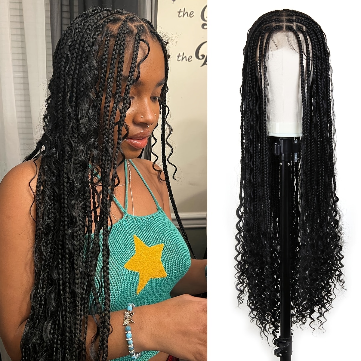 TEMU Bohemian Woven Wig Bohemian Braided Wig Knotless Goddess Braided Wig With Double Full Lace Square Artificial Woven Wig With Suitable For Women