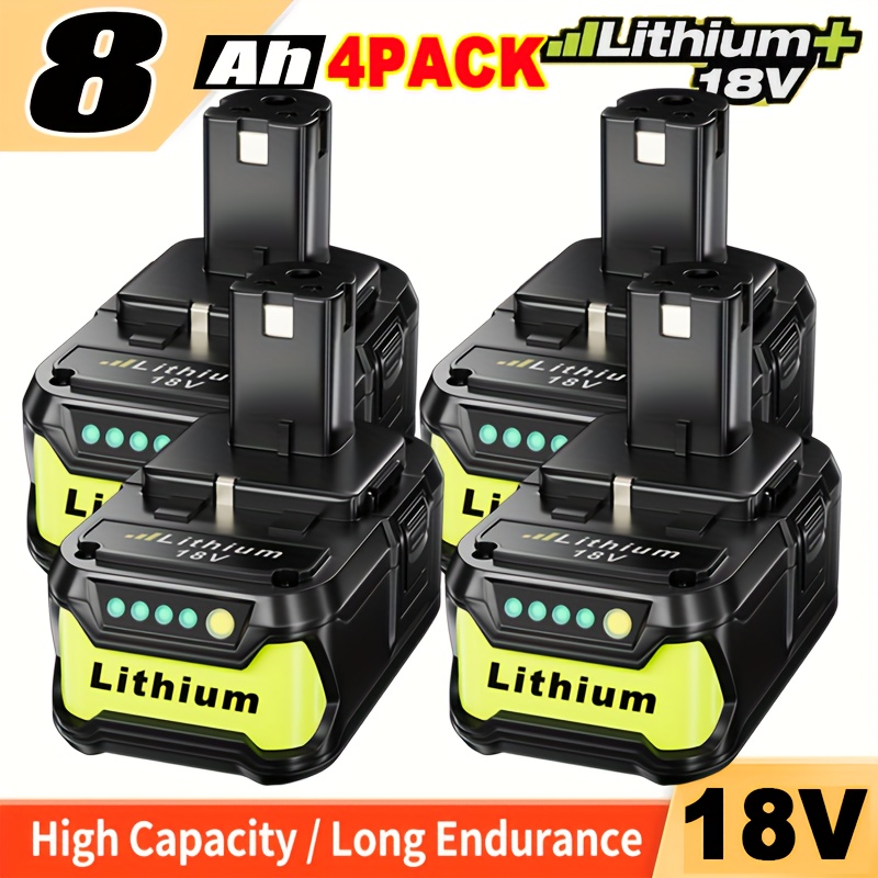 TEMU 4packs 8.0ah 18v Replacement Battery For Ryobi 18v Lithium Battery P105 P107 P108 P109 Rbl1810 Ryobi One+ Cordless Tool Battery