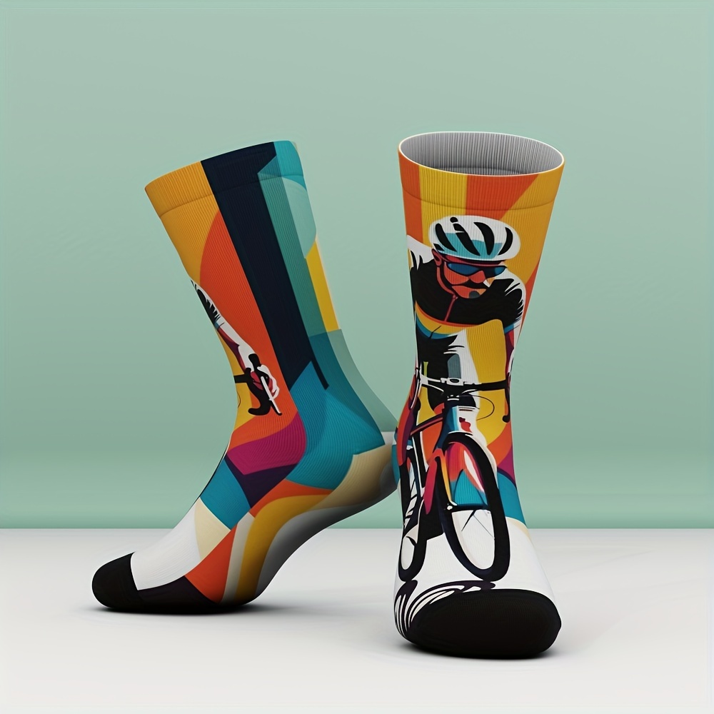 

1 Pair Unisex Bamboo Fiber Cycling Socks, Comfortable Stretch, Breathable Knit Fabric, Wear, With Vibrant Print, 62% Bamboo Fiber, 31% Nylon, 7% Spandex, For Men And Women