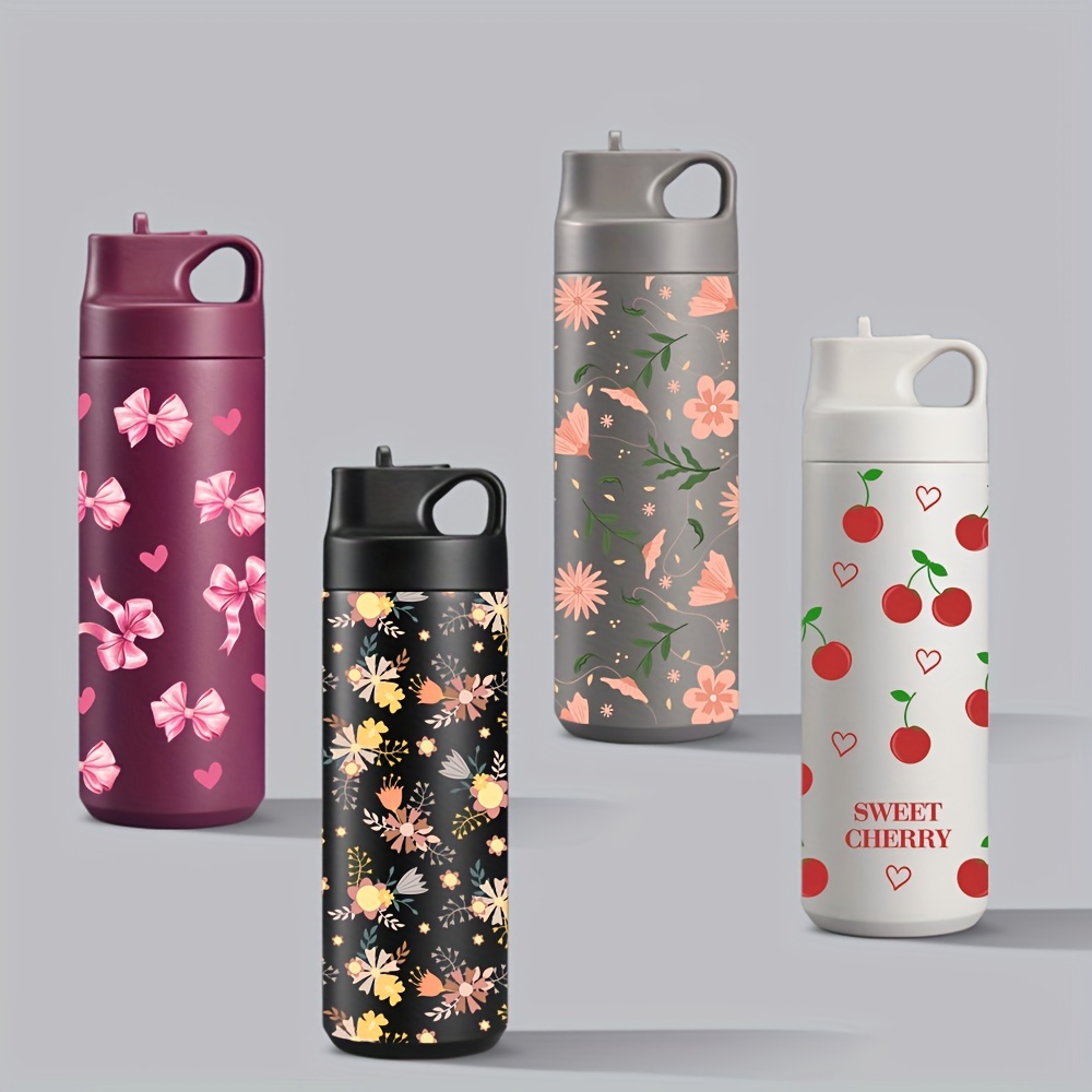 

1pc Floral Print Insulated Stainless Steel Water Bottle With Straw - Portable, Leakproof For Outdoor Activities & Office Use, Perfect Gift