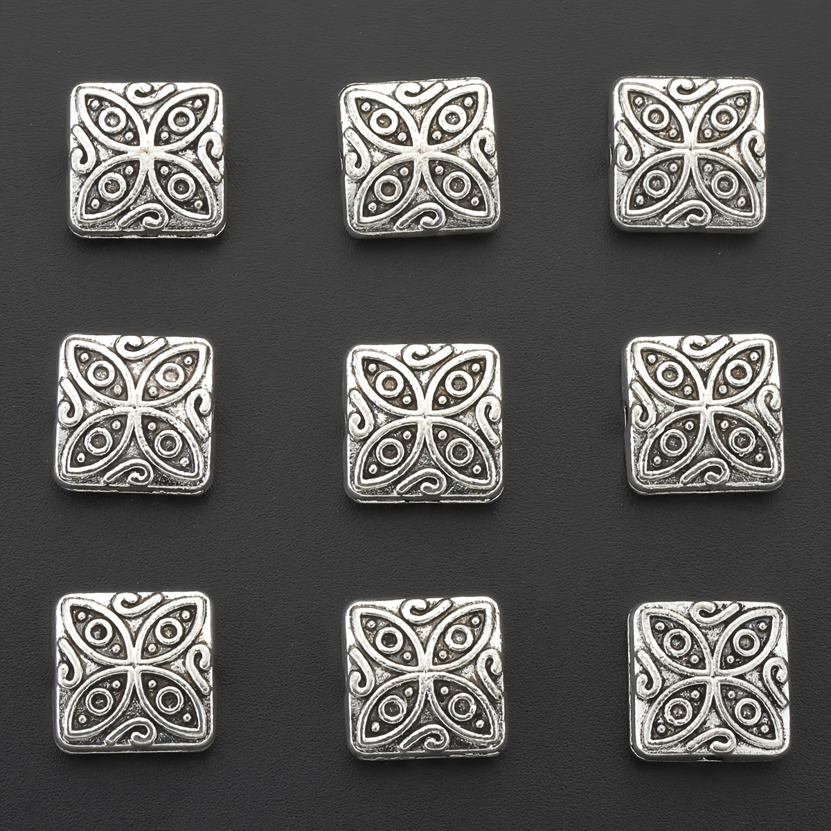 TEMU Perles & Assortiments de Perles 15pcs Perles d'Espacement à Motif Carré, Perles d'Espacement à Motif Vintage Usé Double Face Petit Trou, Perles