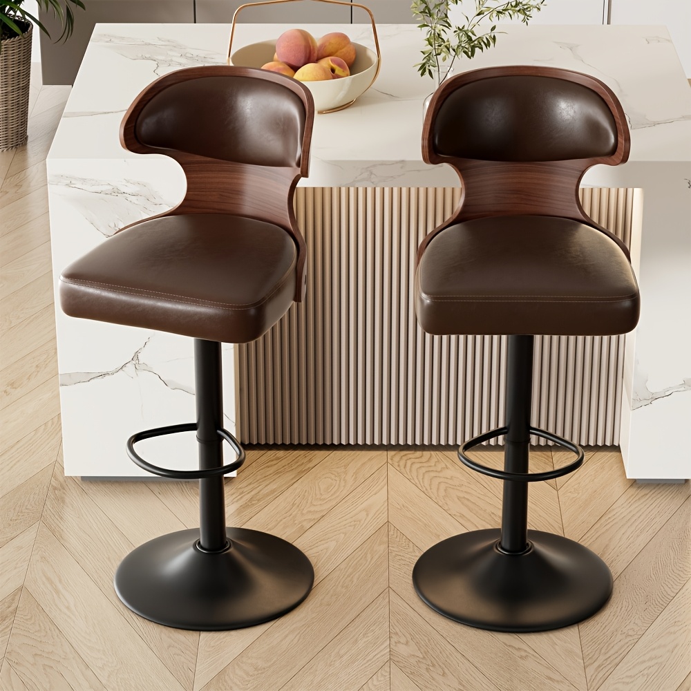 Image of Bar Stools Set Of 2 Seat Adjustable Height 62-85cm | Swivel Barstools With Back And Footrest Stool Set Pu Upholstered Bar Chair For Bar, Kitchen, Dining Room