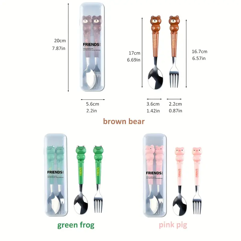 2pc set portable stainless steel flatware set cartoon spoon and fork with transparent reusable portable storage box suitable for picnic outdoor camping Product details 3