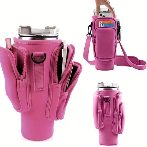item picture 1pc water bottle carrier bag with phone pocket for 40 30oz tumbler neoprene water bottle holder pouch cup accessories total 3 pockets father gift