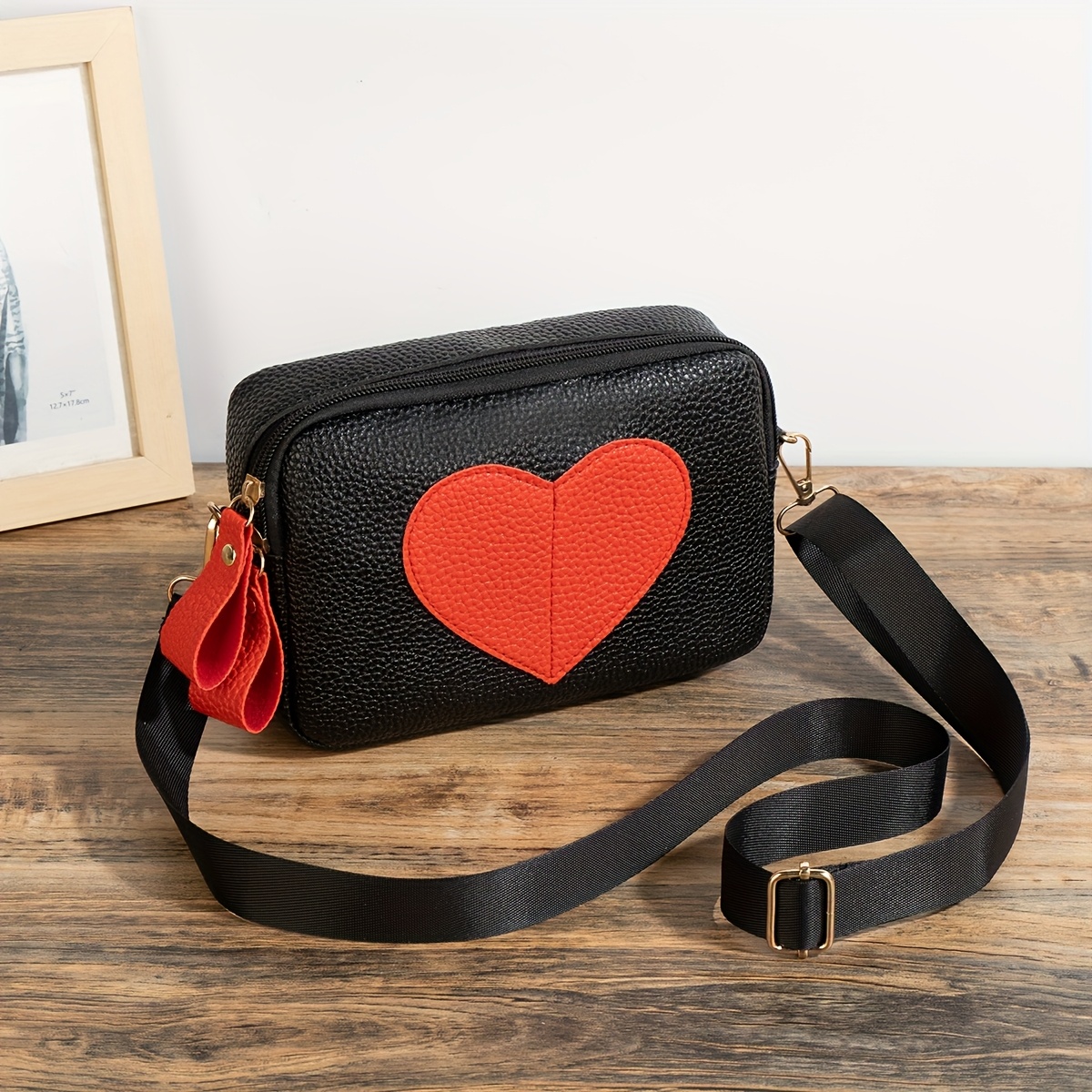 Image of Lychee Pattern Heart-shaped Crossbody Bag, Fashionable Mini Shoulder Bag, Women's Zipper Square Wallet, Suitable For Women, Holiday Gifts, Vacations, Travel, Gift