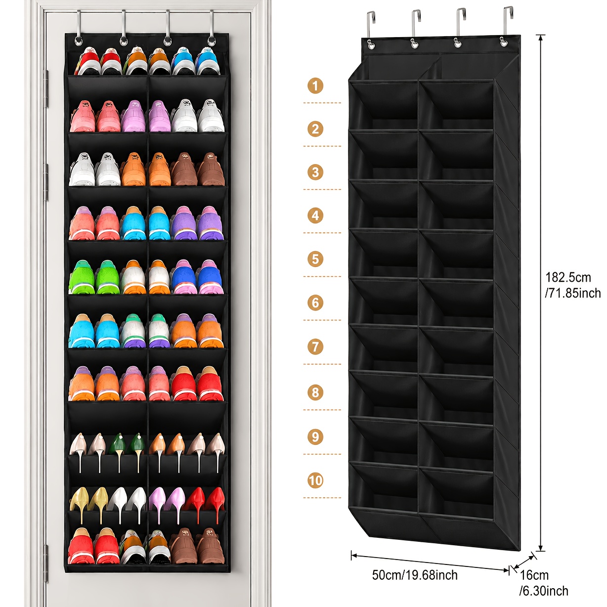 Image of 20-30 Pairs Over The Door Shoe Organizer, Clear Pockets Hanging Shoe Storage For Closet, 10-tier Door Shoes Rack, Shoes Holder The Family's Sneakers, Boots, Heels, Black