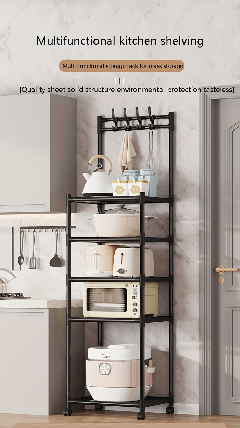 multi tier metal storage rack with wheels and hooks versatile utility organizer shelf for kitchen bathroom living   saving household accessory details 0