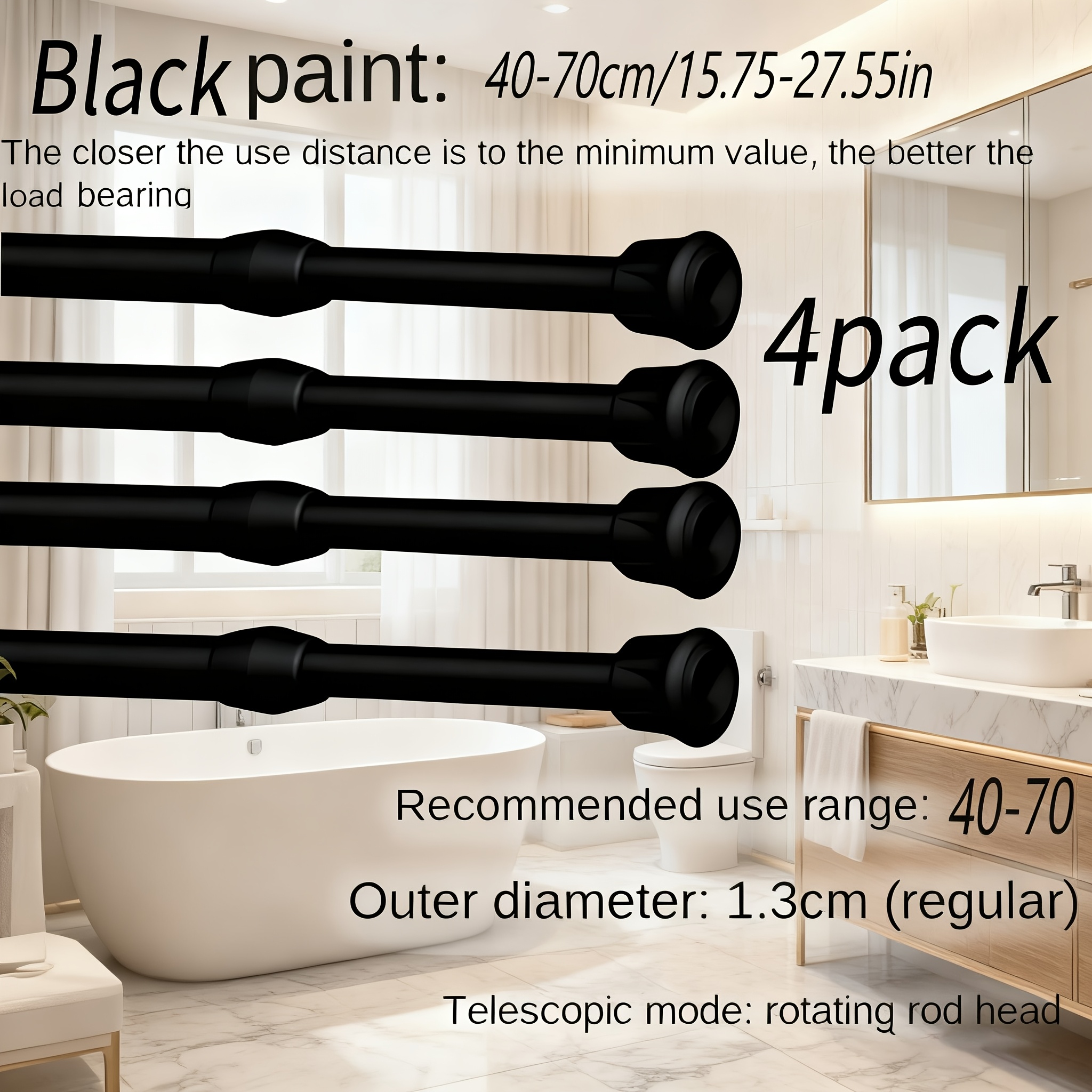 TEMU 4-pack Black Multi-functional Telescopic Shower Curtain Rod, Telescopic Rod, No-drill Installation, No Power Required, Extendable And
