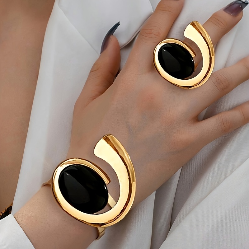 

2-piece Jewelry Set - Adjustable Open Cuff Bracelet And Ring With Black Oval Plastic Stone - Zinc Alloy Construction With Unique Comma For