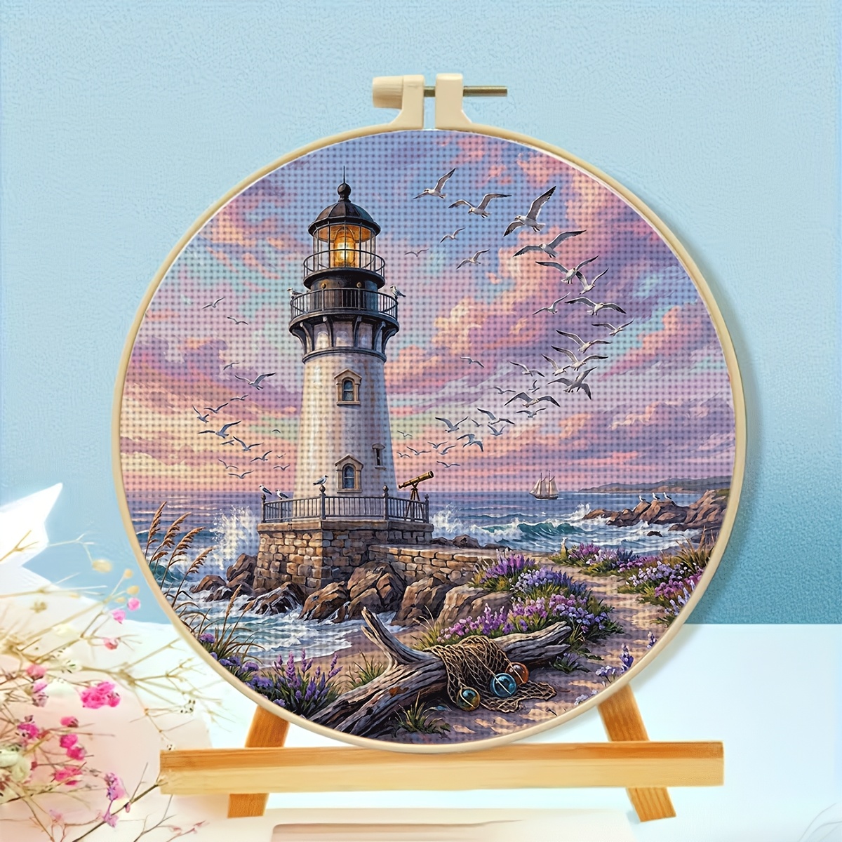 11CT Printed Fabric Cross Stitch Embroidery Hoop Kit "Seaside Lighthouse"