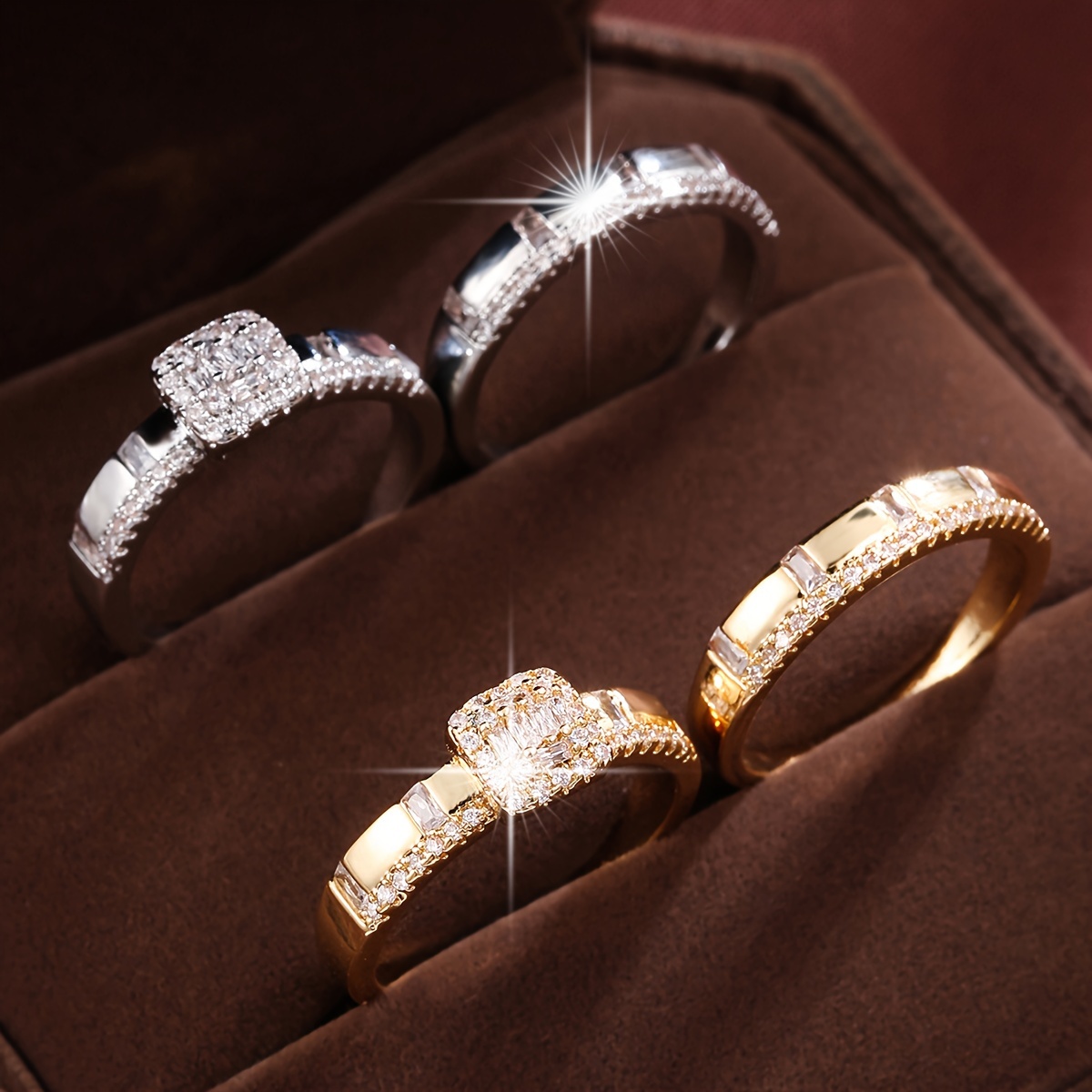 2pcs CZ Stackable Ring Set Sparkling Bands Diamond-Like Stones
