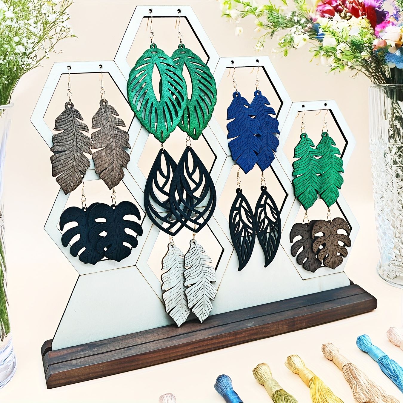 Wooden Cutout Floral Pattern Earrings Set - Natural Choice