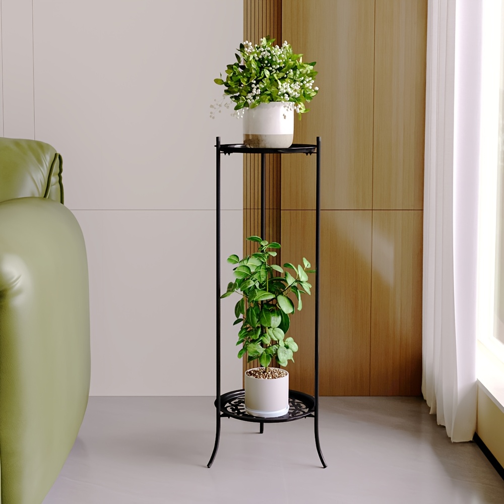 double layer iron flower stand with height option black white two tier design for indoor outdoor decor   potted plants   balcony or garden durable metal frame painted   flower holder patio decoration minimalist style sturdy construction  