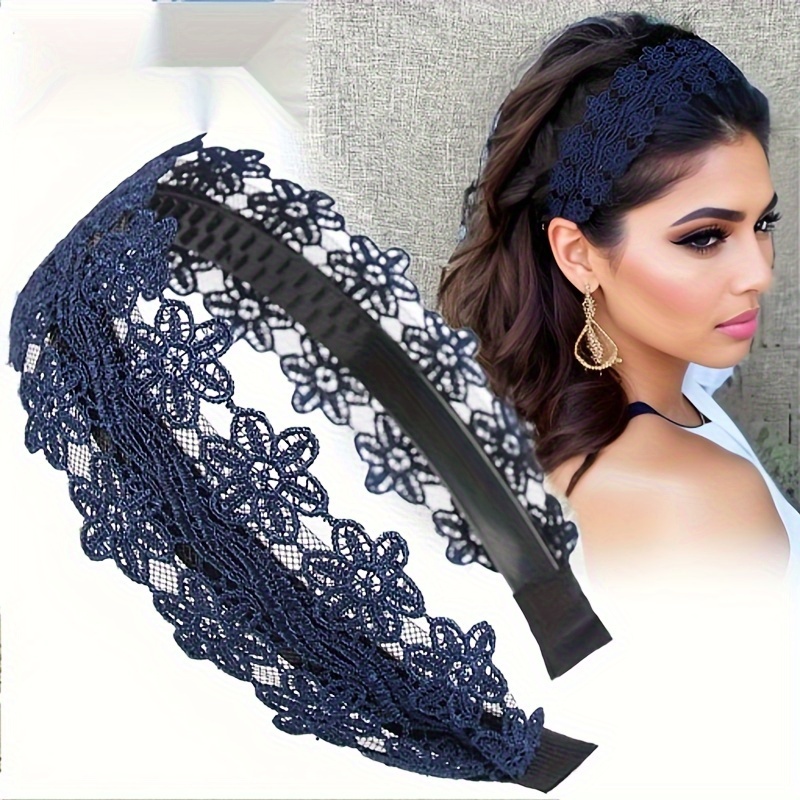 TEMU Elegant Lace Floral Headband For Women - Wide, Non-slip Hair Accessory With Teeth, Vintage Style Solid Color