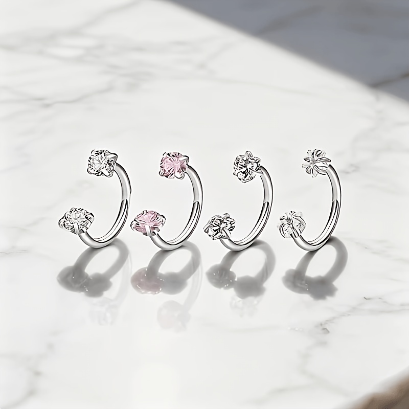 TEMU 4pcs Bijoux Tendance Faciles à Poser en Acier Inoxydable, Style Rond Cœur Étoile CZ Zircon Synthétique, Anneau de Nez , Design de Filetage