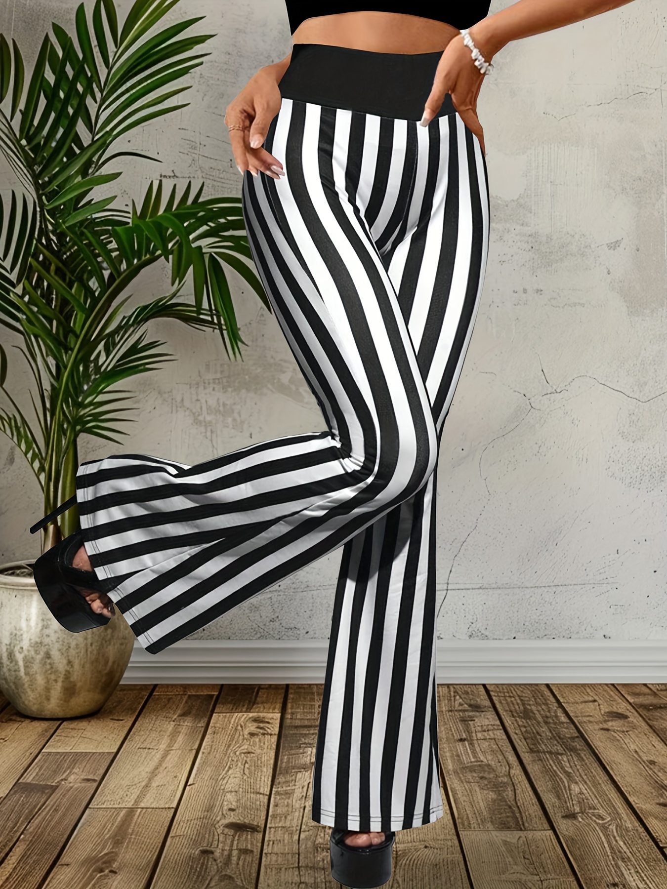 striped print high waist pants elegant color block flare lag Temu - Main Image