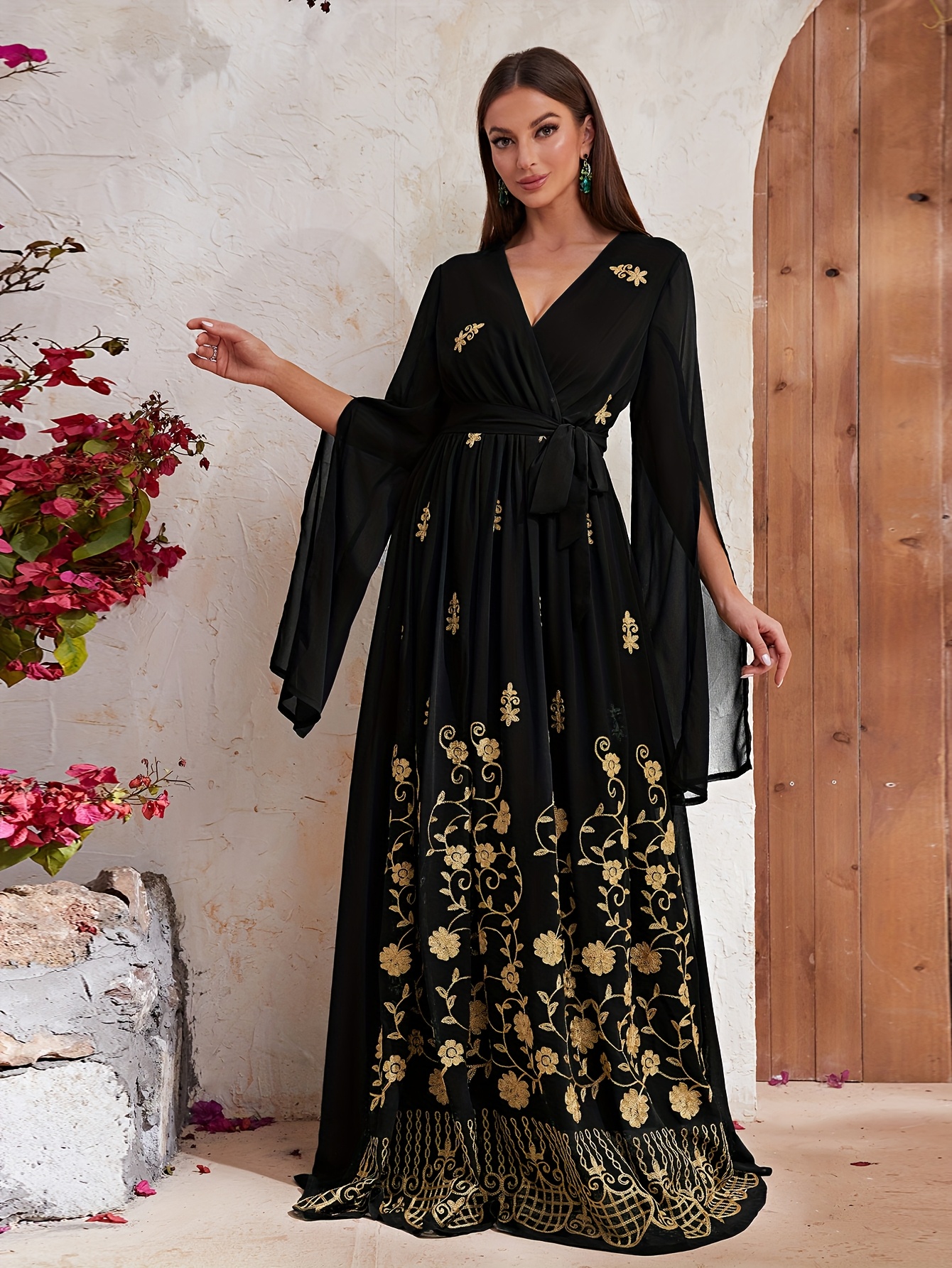 Women's Elegant Black Floral Print Chiffon V-Neck Slit Long Sleeve Dress with Adjustable Waist Tie Belt