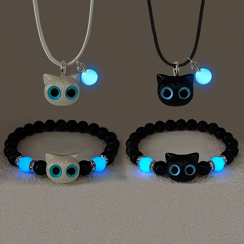 

4pcs Hip Hop Cat Jewelry Set - Adjustable Bracelet & Necklace With Glowing Eyes, Ideal For Couples & Gifts, Christmas & Valentine's Day