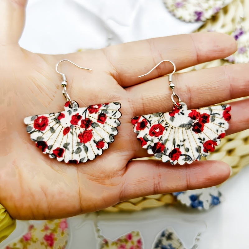 6-Pair Floral Print Acrylic Fan-Shaped Earrings Set