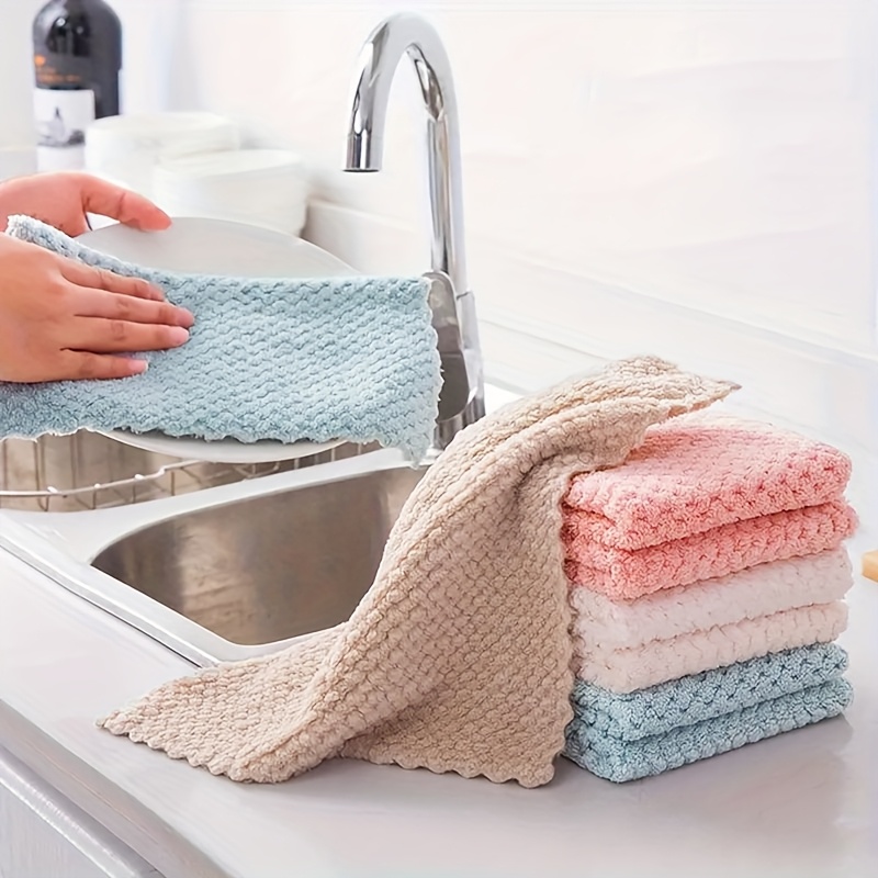 10 pack coral fleece pineapple grid dish towels non stick thick absorbent with hanging loop kitchen cleaning cloths hand towels details 2